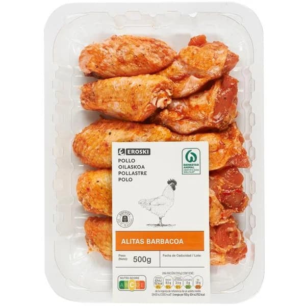Alas de pollo sabor barbacoa EROSKI, bandeja 500 g - 0.5 kg - Imagen del producto en Findit