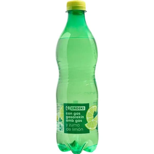 Agua mineral natural con gas y limón EROSKI, botella 50 cl - 0.5 l - Imagen del producto en Findit