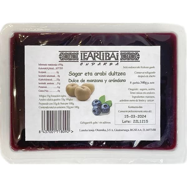 Dulce de manzana y arándanos LEARTIBAI, tarrina 340 g - 0.34 kg - Imagen del producto en Findit