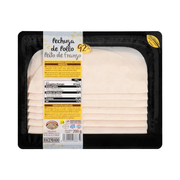 Pechuga de pollo 92% Hacendado lonchas - 0.2 kg - Imagen del producto en Findit
