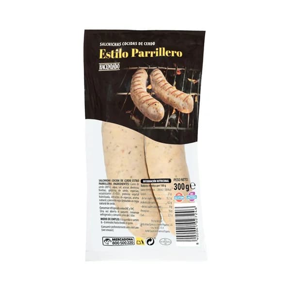 Salchichas cocidas de cerdo Hacendado estilo parrillero - 0.3 kg - Imagen del producto en Findit