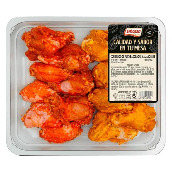 EMCESA Bandeja con alitas de pollo con adobo rojo y al estilo al-andalus (marinado amarillo) 1 kg. - 1 kg - Imagen del producto en Findit