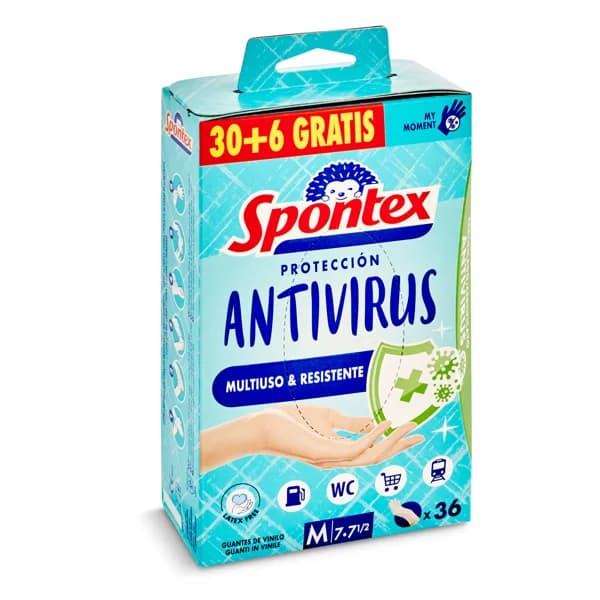Guantes desechables protección antivirus talla M Spontex bolsa 36 unidades - 35.64 ud - Imagen del producto en Findit