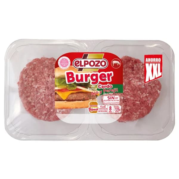 Bandeja con burger meat de cerdo, con ajo y perejil EL POZO 8 x 90 g. - 0.72 kg - Imagen del producto en Findit