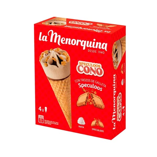 LA MENORQUINA Cono de helado de nata con trozos de galleta speculoos 4 x 120 ml. - 0.48 kg - Imagen del producto en Findit