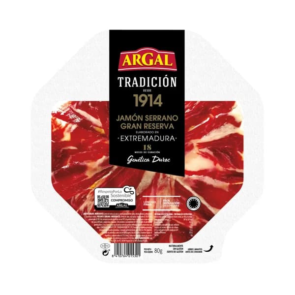 ARGAL Jamón serrano gran reserva (18 meses de curación), cortado en lonchas finas ARGAL Tradición 80 g. - 0.08 kg - Imagen del producto en Findit