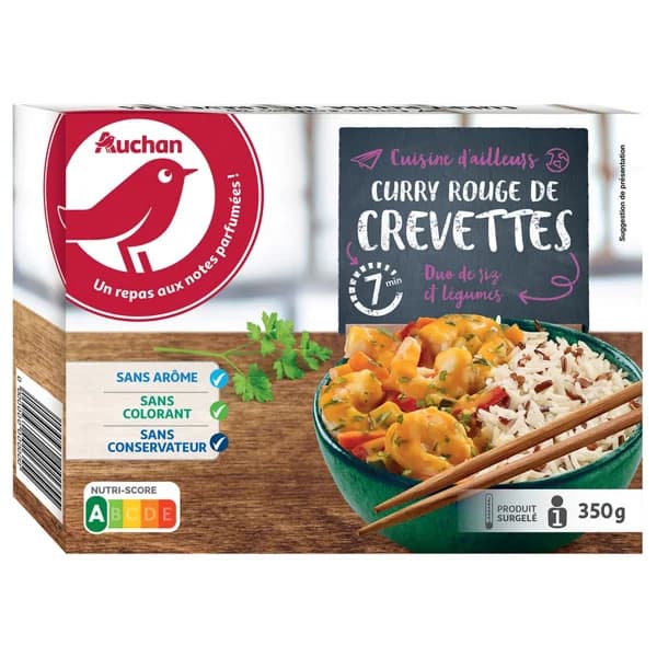 AUCHAN Dúo de curry de camarones rojos y arroz con verduras 350 g Producto Alcampo. Arroz basmati y rojo cocidos, con verduras, camarones pelados y curry rojo 350 g. - 0.35 kg - Imagen del producto en Findit