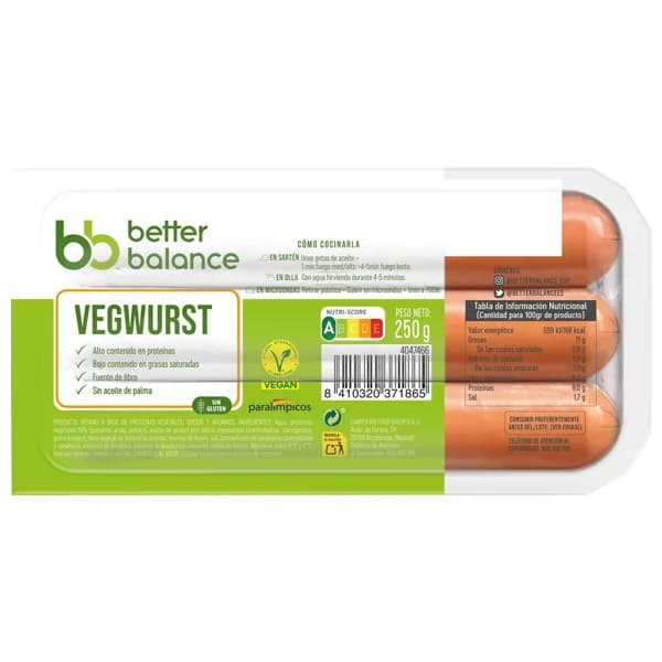 BETTER BALANCE Salchichas de proteinas vegetales tipo Vegwurst 250 g. - 0.25 kg - Imagen del producto en Findit