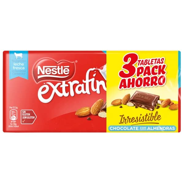 NESTLÉ Extrafino Chocolate con leche y almendras 3 uds 123 g. - 0.37 kg - Imagen del producto en Findit