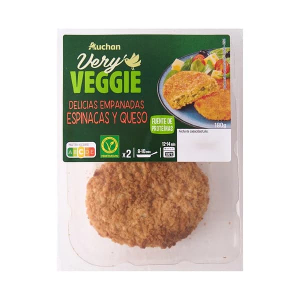 AUCHAN Very Veggie Delicias vegetales empanadas de espinacas y queso 180 g Producto Alcampo. - 0.18 kg - Imagen del producto en Findit