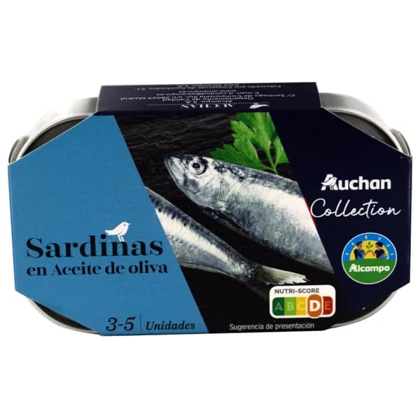 AUCHAN COLLECTION Sardinas (3 - 5) en aceite de oliva lata 81 g. Producto alcampo - 0.08 kg - Imagen del producto en Findit