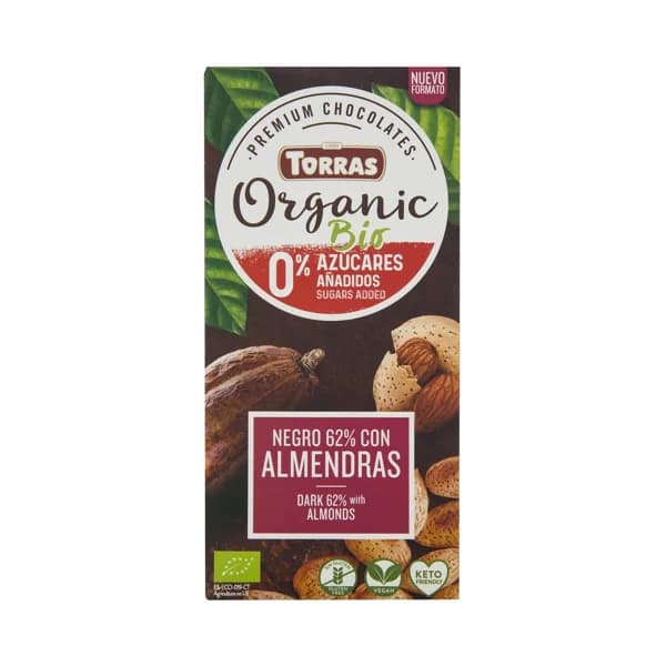 TORRES Bio Chocolate negro (62% cacao) ecológico con edulcorantes y almendras 100 g. - 0.1 kg - Imagen del producto en Findit