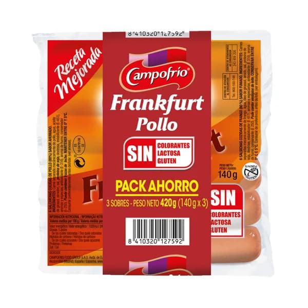 CAMPOFRÍO Salchichas cocidas de pollo sabor ahumado, tipo Frankfurt CAMPOFRÍO 3 x 140 g. - 0.42 kg - Imagen del producto en Findit