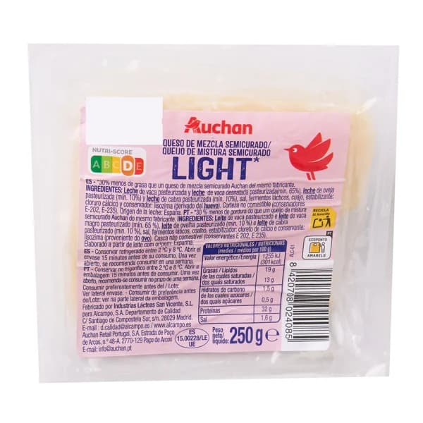 AUCHAN Queso semicurado light 250 g Producto Alcampo. - 0.25 kg - Imagen del producto en Findit