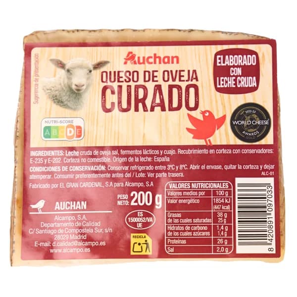 AUCHAN Queso de oveja curado 200 g Producto Alcampo. - 0.2 kg - Imagen del producto en Findit