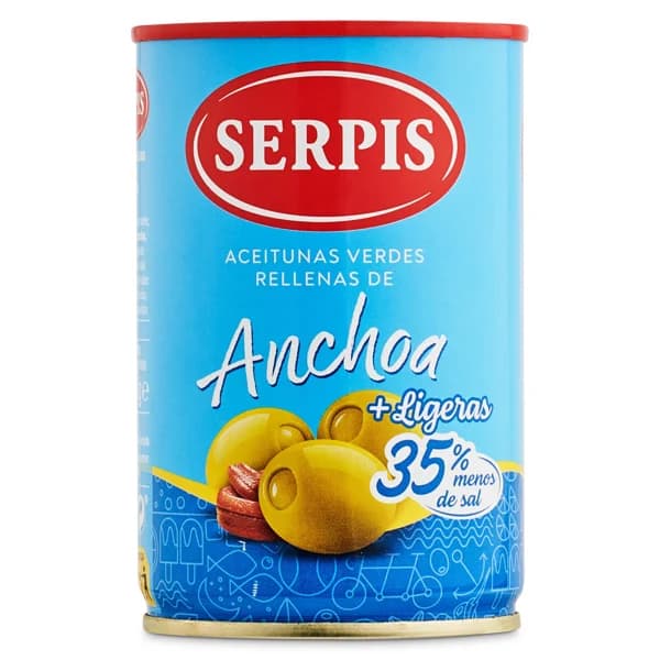Aceitunas rellenas de anchoas + ligeras Serpis lata 130 g - 0.13 kg - Imagen del producto en Findit
