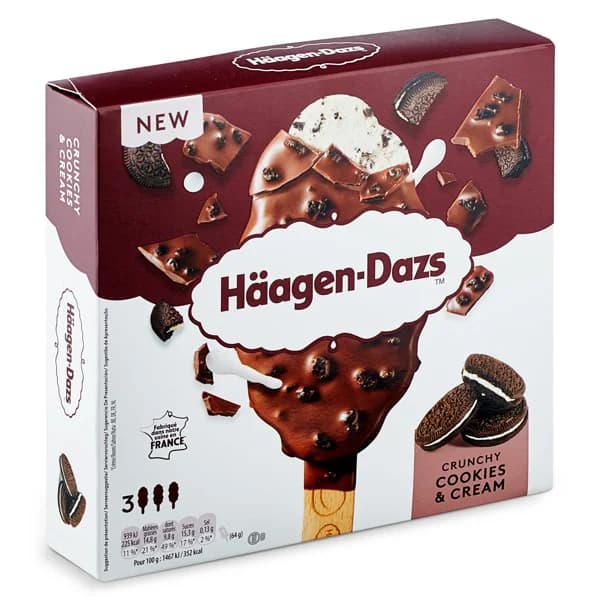 Helado bombón crunchy cookies & cream 3 unidades Haagen Dazs caja 244 g - 0.24 ud - Imagen del producto en Findit