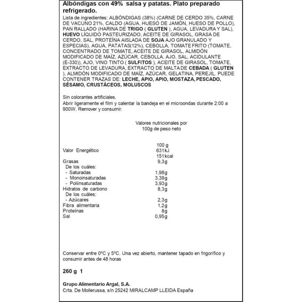 ALBONDIGAS SALSA C/PAT RIK.260G - 0.26 kg - Imagen del producto en Findit