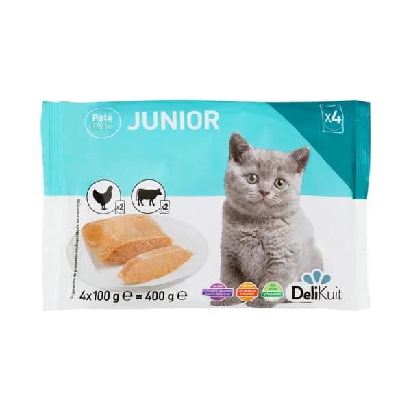Paté gato júnior Delikuit con pollo y ternera - 0.4 kg - Imagen del producto en Findit