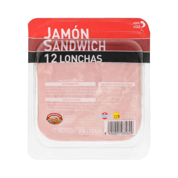 Jamón cocido sándwich Hacendado lonchas - 0.25 kg - Imagen del producto en Findit