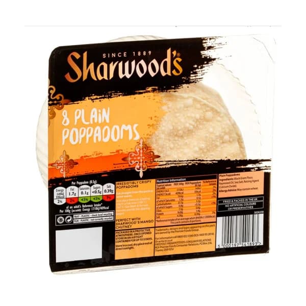 SHARWOOD'S Papadam planas, pan plano 8 unds 68gr - 0.07 kg - Imagen del producto en Findit