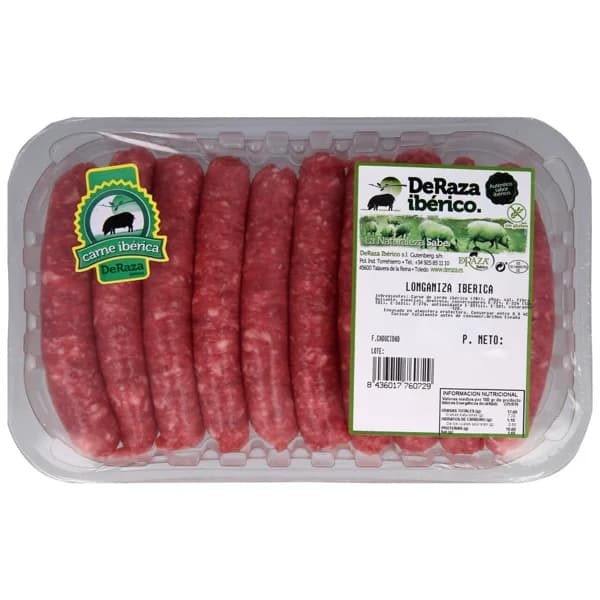 Bandeja de longaniza blanca (salchichas), fresca e ibérica, elaboradas sin gluten DERAZA - 0.35 kg - Imagen del producto en Findit