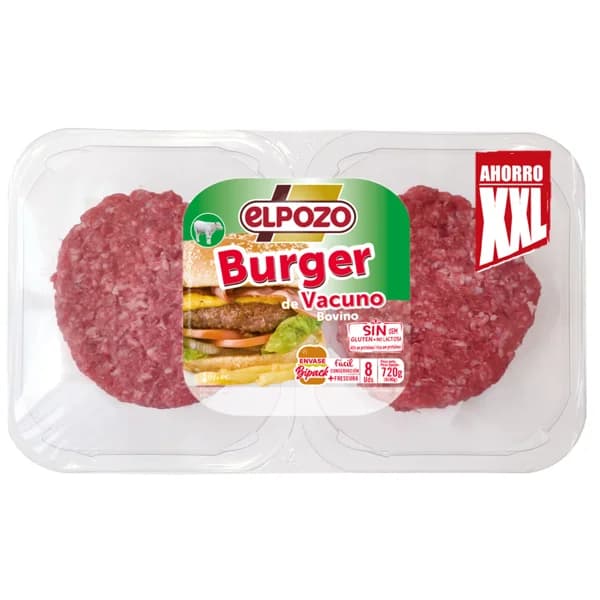 Bandeja con burger meat de vacuno, elaboradas sin gluten ni lactosa EL POZO 8 x 90 g. - 0.72 kg - Imagen del producto en Findit