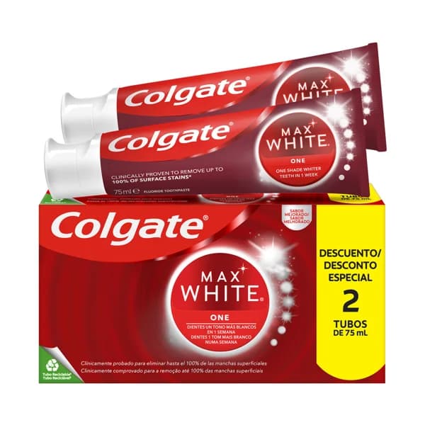 COLGATE Max white one Pasta de dientes con flúor, acción blanqueadora y sabor a menta 2 x 75 ml. - 0.15 l - Imagen del producto en Findit