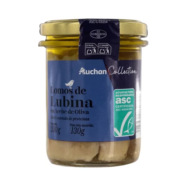 AUCHAN COLLECTION Lomos de lubina ASC en aceite de oliva tarro 130 g. - 0.13 kg - Imagen del producto en Findit
