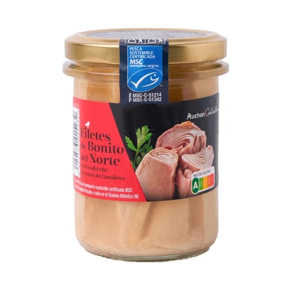 AUCHAN COLLECTION Bonito del Norte en escabeche MSC (Pesca sostenible certificada) 140 g. Producto alcampo - 0.14 kg - Imagen del producto en Findit