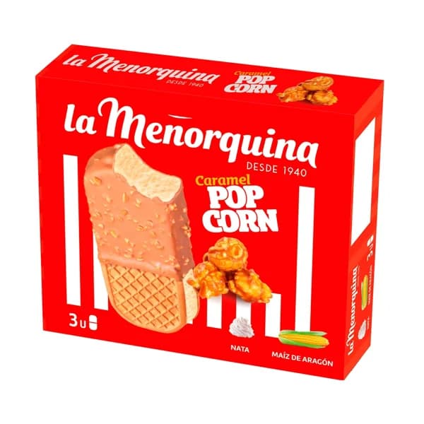 LA MENORQUINA Sandwich de helado de nata con palomitas de maiz con caramelo 3 x 160 ml. - 0.48 kg - Imagen del producto en Findit