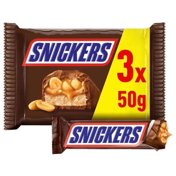 SNICKERS Barritas de chocolate rellenas de crema de cacahuete y caramelo 3 uds. 50 g. - 0.15 kg - Imagen del producto en Findit