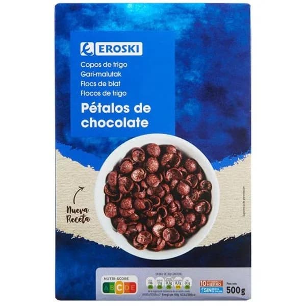 Cereales pétalos de trigo de chocolate EROSKI, caja 500 g - 0.5 kg - Imagen del producto en Findit