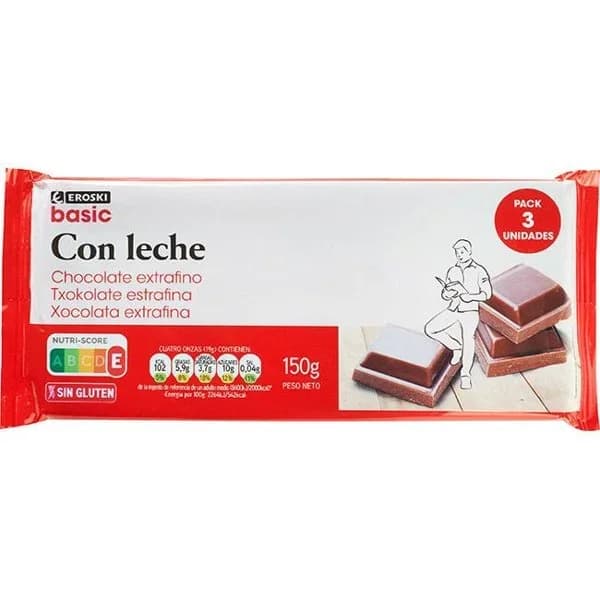 Chocolate con leche EROSKI BASCI, pack 3x150 g - 0.45 kg - Imagen del producto en Findit