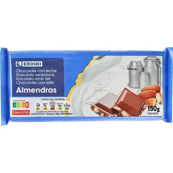Chocolate con leche y almendras EROSKI, tableta 150 g - 0.15 kg - Imagen del producto en Findit
