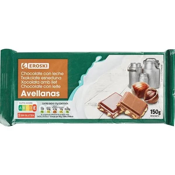 Chocolate con leche avellanas EROSKI, tableta 150 g - 0.15 kg - Imagen del producto en Findit