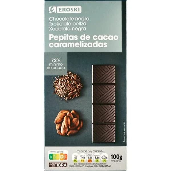 Chocolate 72% cacao-pepitas EROSKI, tableta 100 g - 0.1 kg - Imagen del producto en Findit