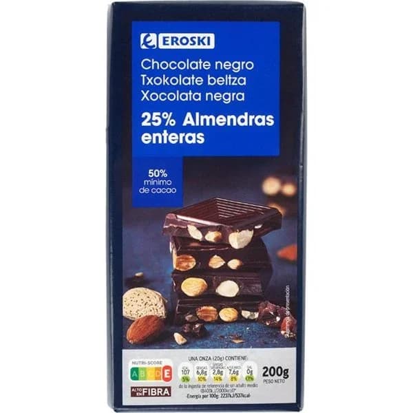 Chocolate negro con almendras EROSKI, tableta 200 g - 1 ud - Imagen del producto en Findit