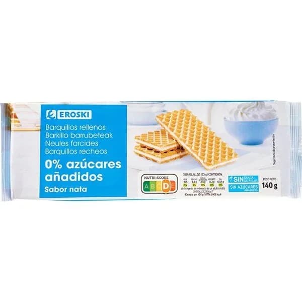 Barquillo de nata sin azúcar EROSKI, paquete 140 g - 1 ud - Imagen del producto en Findit