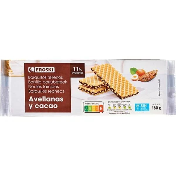 Barquillo de chocolate y avellana EROSKI, paquete 160 g - 1 ud - Imagen del producto en Findit