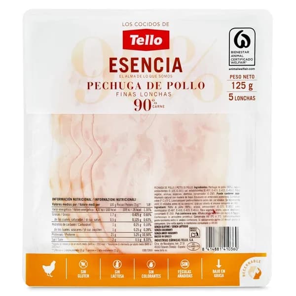 Pechuga de pollo 90% carne esencia Tello sobre 125 g - 0.12 kg - Imagen del producto en Findit