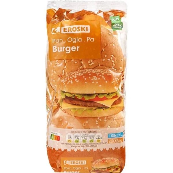 Pan de hamburguesa con sésamo EROSKI, 4 unid., paquete 220 g - 0.22 kg - Imagen del producto en Findit
