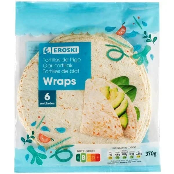 Wraps EROSKI, 6 uds, paquete 370 g - 0.37 kg - Imagen del producto en Findit