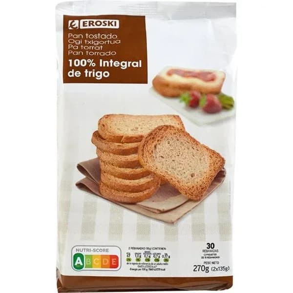 Pan tostado integral EROSKI, 30 rebanadas, paquete 270 g - 0.27 kg - Imagen del producto en Findit