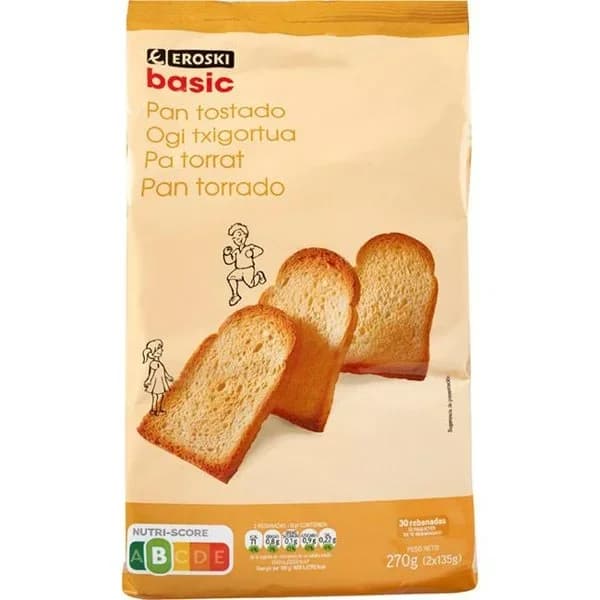 Pan tostado EROSKI basic, 30 rebanadas, paquete 270 g - 0.27 kg - Imagen del producto en Findit