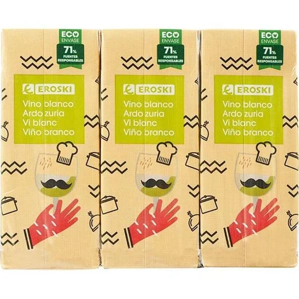 Vino de mesa blanco mini brick EROSKI, pack 3x187 ml - 0.56 l - Imagen del producto en Findit