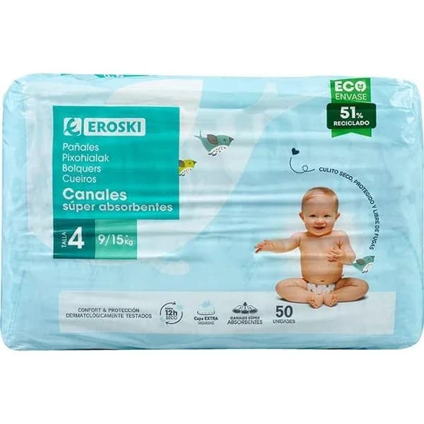 Pañal canal absorbente 9-15 kg Talla4 EROSKI, paquete 50 uds - 50 ud - Imagen del producto en Findit