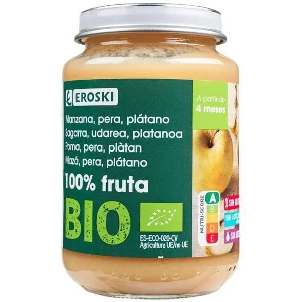 Tarrito de manzana, plátano y pera EROSKI BIO, tarro 200 g - 0.2 kg - Imagen del producto en Findit