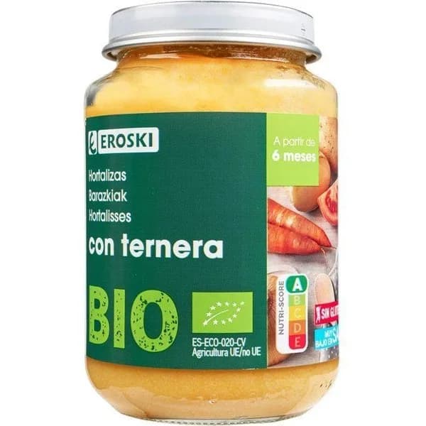 Tarrito de ternera con verduras EROSKI BIO, tarro 200 g - 0.2 kg - Imagen del producto en Findit