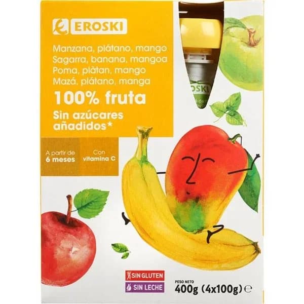 Bolsitas 100% frutas manzana y mango s/az EROSKI, pack 4x100 g - 0.4 kg - Imagen del producto en Findit